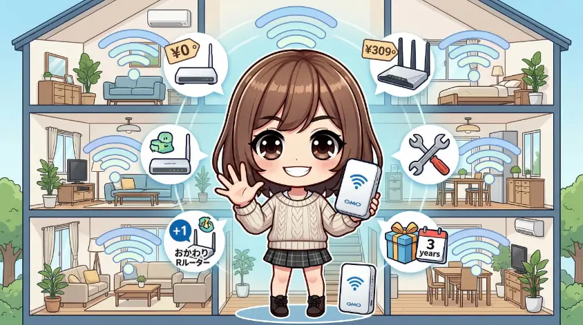 笑顔で手を振るミニキャラの女の子と、3階建ての家の断面図に飛ぶWi-Fi電波、そして価格（無料、309円）、故障サポート（工具）、おかわりルーター、3年後プレゼント（カレンダーとギフト）の特典を示すアイコンが配置された、GMO Wi-Fiルーターレンタルサービスのインフォグラフィック。