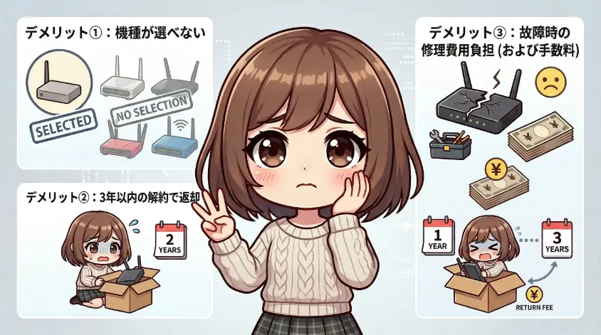 「レンタルルーターのデメリット」を説明するインフォグラフィック。中央には焦った顔の女性チビキャラが描かれており、周囲の4つのパネルで詳細を説明しています。左上：「デメリット①：機種が選べない（様々なルーターとNO SELECTIONの文字）」。左下：「デメリット②：3年以内の解約で返却（箱に詰める悲しいチビキャラと2年のカレンダー）」。右上：「デメリット③：故障時の修理費用負担（壊れたルーター、悲しい顔、工具、お札）」。右下：「デメリット③（詳細）：修理費用負担と返却手数料（カレンダーとRETURN FEEの文字）」