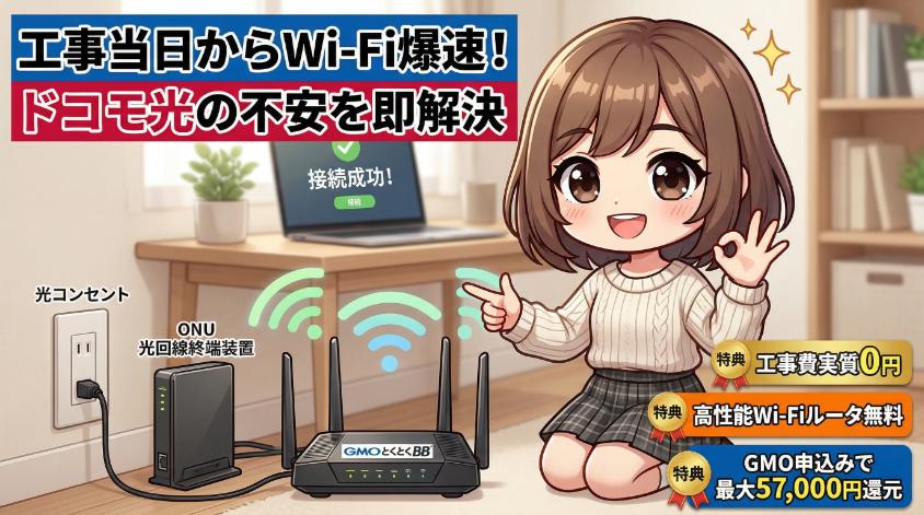 アニメスタイルの茶髪の女子学生が「OK」サインで笑顔を見せる、ドコモ光のアイキャッチ画像。上部に「工事当日からWi-Fi爆速！ ドコモ光の不安を即解決」の大きなテキスト。右下には工事費実質0円、高性能Wi-Fiルータ無料、GMO申込み最大57,000円還元の3つの特典バッジ。女子学生が指さす先には、壁の光コンセント、ONU（光回線終端装置）、LEDが点灯し電波を出しているアンテナ付き高性能Wi-Fiルーターが並んでいる。ノートパソコンの画面には「接続成功！」の表示。
