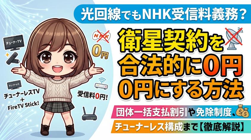 **ファイル名（英語）:** ``` how-to-legally-reduce-nhk-fee.png ``` **alt属性（日本語）:** ``` アニメ風の女の子キャラクターが自信満々に手を広げ、光回線とNHK受信料の関係を解説するイラスト。大きなタイトルで「衛星契約を合法的に0円にする方法」、サブタイトルに「光回線でもNHK受信料義務？」と書かれています。さらに、「団体一括支払割引や免除制度、チューナーレス構成まで【徹底解説】」と続き、キャラクター周辺にはバツ印のNHKロゴや衛星アンテナ、チューナーレステレビとFireTV Stick、そして「受信料0円!」の文字があります。