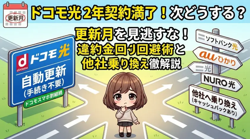 ドコモ光の2年契約満了後の選択肢を解説するブログ用アイキャッチ画像。中央に困った表情で考える可愛い女の子のイラストが分かれ道の真ん中に立っている。左側はドコモ光を指し「自動更新 (手続き不要)、ドコモスマホ割継続」、右側は他社を指し「他社へ乗り換え (キャッシュバックあり)」や各社ロゴ（ソフトバンク光、auひかり、NURO光）がある。上部には「ドコモ光 2年契約満了！次どうする？ 更新月を見逃すな！違約金回避術と他社乗り換え徹底解説」というタイトルが大きく配置されている。