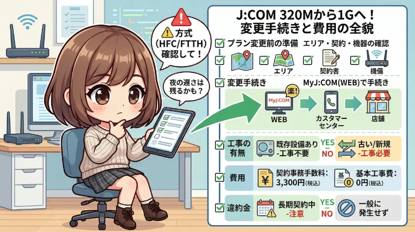 J:COMのプラン変更ガイドインフォグラフィック。ちびキャラの女の子がデスクでタブレットを見ており、メインタイトルは「J:COM 320Mから1Gへ！ 変更手続きと費用の全貌」。変更前の準備、手続き方法（WEB・カスタマーセンター・店舗）、工事の有無、費用（契約事務手数料3,300円、基本工事費0円）、違約金について詳細なフローチャートで解説。女の子の横に「⚠️方式（HFC/FTTH）確認して！ 夜の遅さは残るかも？」という注意書きがある。