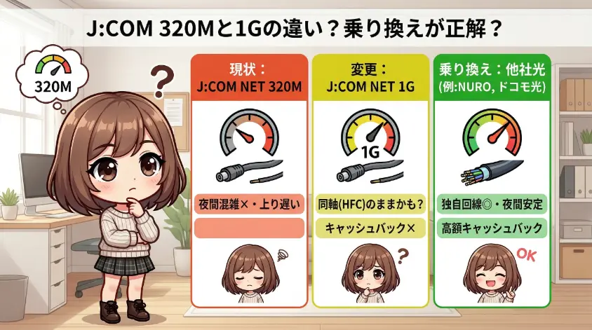 J:COM 320Mからの乗り換えを考える女の子のちびアニメイラスト。上部に比較タイトルのテキストがあり、3つのカラムで現状の320M（夜間混雑・上り遅い）、J:COM 1Gへの変更（同軸・キャッシュバックなし）、他社光への乗り換え（独自回線・夜間安定・高額キャッシュバック）を比較。他社光が最も良く、女の子がOKサインを出している。