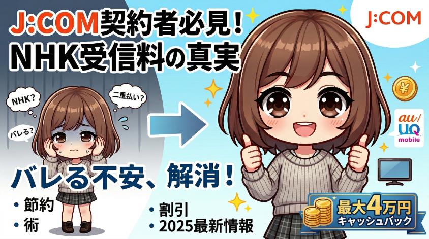 アニメ調のイラストで描かれた、J:COM契約者向けのNHK受信料解説画像。最上部には「J:COM契約者必見！NHK受信料の真実」のテキスト。左側には「NHK？バレる？二重払い？」と困惑するショートヘアの女の子（チビキャラ）。中央には「バレる不安、解消！」のテキストと、節約、割引、2025最新情報などのポイント。右側には笑顔で両手で親指を立てる同じ女の子。右上にはJ:COM、Paramount+、au/UQ mobileのロゴとコイン、テレビのアイコン。右下には金貨の山と「最大4万円キャッシュバック」の看板。全体的に、J:COMのメリットとNHK受信料の疑問解決を提示している。