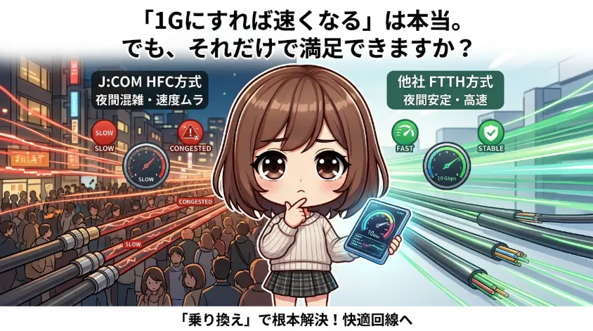 J:COMのHFC方式（同軸ケーブル）と、他社FTTH方式（光ファイバー）の速度と安定性を比較して悩むアニメスタイルのちび女の子。トップには「1Gにすれば速くなる」は本当。でも、それだけで満足できますか？というテキスト。左側は暗く赤いJ:COM HFC方式（夜間混雑・速度ムラ）、右側は明るく緑の他社FTTH方式（夜間安定・高速）を描く。下部には「乗り換え」で根本解決！快適回線へというテキスト。