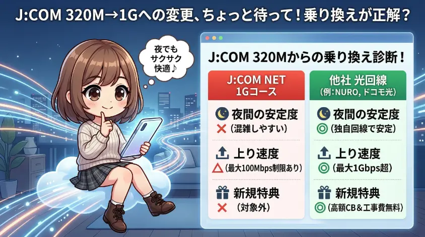 夜景を背景に、タブレットを操作する女の子のキャラクターと、「J:COM 1Gコース」と「他社光回線」の安定度・速度・特典を比較した図解表が描かれたアイキャッチ画像。上部に「J:COM 320Mから1Gへの変更、ちょっと待って！乗り換えが正解？」というテキスト。