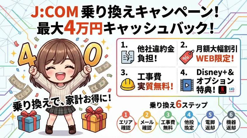 J:COMへの乗り換えキャンペーン（最大40,000円キャッシュバック、他社違約金負担、工事費実質無料）と、乗り換えの6ステップ（エリア確認から機器返却まで）を解説する、笑顔で「40」のパネルを掲げた女の子のキャラクターが描かれたアイキャッチ画像