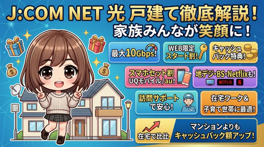 J:COM NET 光の戸建て向けサービス（最大10Gbps、WEB限定スタート割、キャッシュバック、スマホセット割）を徹底解説する、ダブルピースをした女の子のキャラクターが描かれたアイキャッチ画像。在宅ワークや子育て世帯へのメリットを強調している。