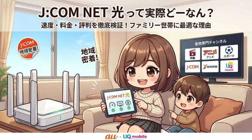 リビングのソファでタブレットを持つちびキャラの女の子と男の子。タブレットには「J:COM NET 光」の文字、横にはWi-Fiルーター、背景にはテレビが描かれた、ファミリー向けネット回線解説記事のアイキャッチ画像。