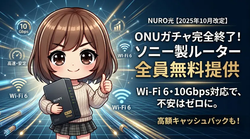 NURO光の2025年10月改定「ソニー製ルーター全員無料提供」を伝えるアイキャッチ。アニメキャラがONUを抱えてグッドサイン。Wi-Fi 6と10Gbps対応、高額キャッシュバックもアピール。