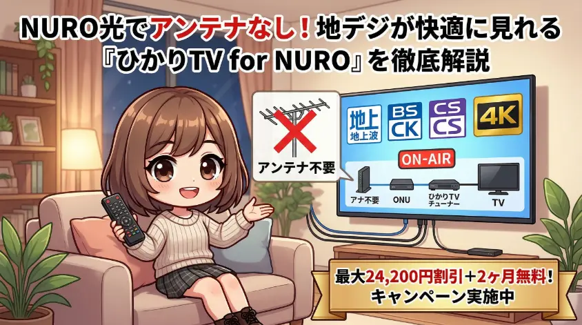 NURO光の「ひかりTV for NURO」を使ってアンテナなしで地デジを視聴する仕組みを解説するアイキャッチ画像。キャラクターがリモコンを持ち、テレビ画面の接続図（ONU・チューナー・TV）を指し示している様子。