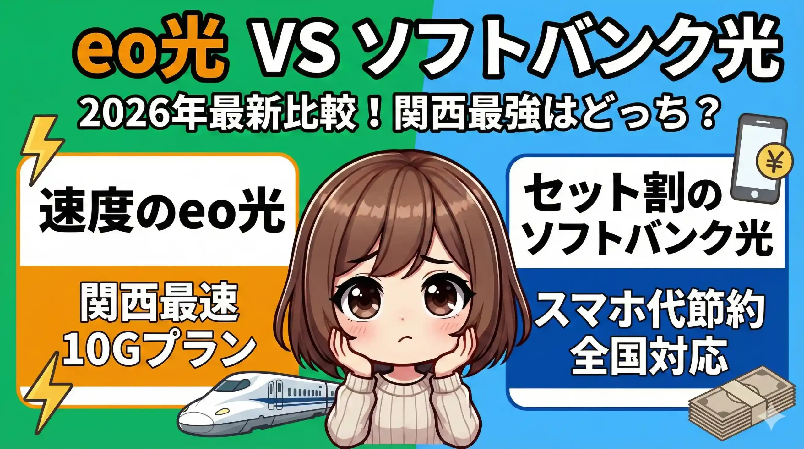 eo光とソフトバンク光を比較して悩むキャラクターの画像