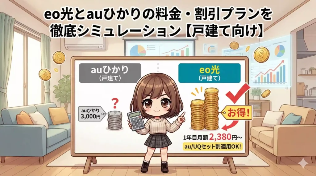 eo光とauひかりの戸建て向け料金・割引プランを比較シミュレーションする図解。女性キャラクターが電卓を持ち、eo光の1年目月額2,380円とお得さを指し示している。