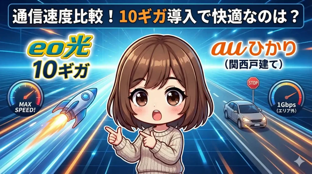 図解：eo光とauひかりの通信速度比較（関西戸建て）。左側はeo光10ギガがロケットで「MAX SPEED!」と高速であることを示し、右側はauひかりが1Gbps（エリア外）で車が「STOP」している様子を描写。10ギガ導入で快適なのはeo光であることを視覚的に表現。