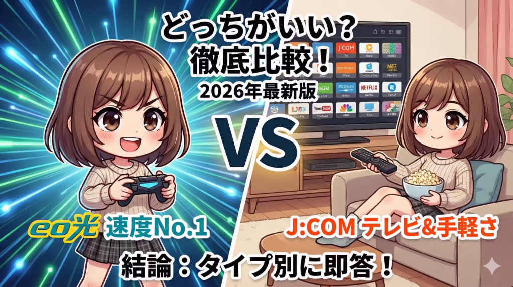 "eo光とJ:COMのロゴを並べた比較イメージ画像。2026年最新の速度と料金の結論を提示"