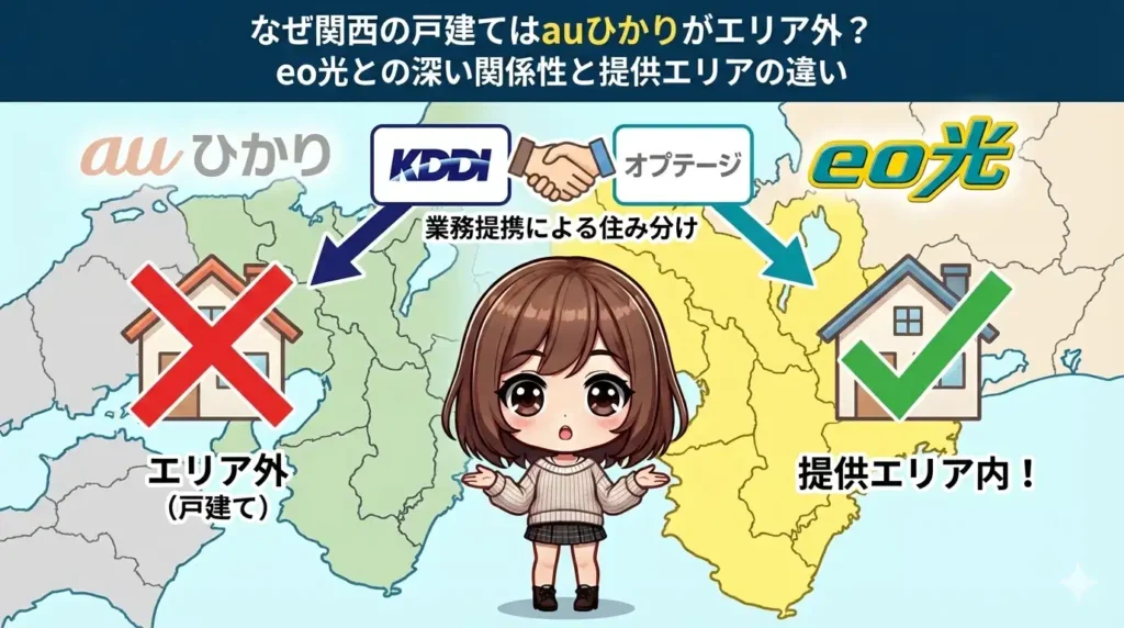 図解：なぜ関西の戸建てはauひかりがエリア外なのか？KDDIとオプテージの業務提携による住み分けを解説。左側はauひかりが戸建てエリア外で&times;印、右側はeo光が提供エリア内でチェックマーク、中央で両社の提携関係を示している。