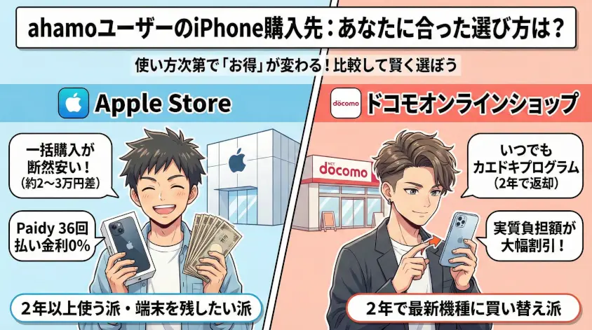 ahamoユーザーがiPhoneを購入する際の「Apple Store」と「ドコモオンラインショップ」の比較イラスト。Apple Storeは一括購入が安く2年以上使う派に適しており、ドコモオンラインショップは「いつでもカエドキプログラム」利用で2年ごとの最新機種への買い替え派にお得であることを対比して解説している。