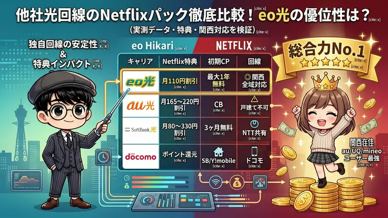他社光回線のNetflixパック徹底比較！ eo光の優位性は？eo光、auひかり、ソフトバンク光、ドコモ光の4社を比較したインフォグラフィック。左側では男の子（image_14.pngベース）が、独自回線の安定性と特典インパクトについて解説し、右側では女の子（image_15.pngベース）が、王冠と札束に囲まれて総合力No.1⭐⭐⭐⭐⭐であることを祝っている。中央の比較表では、eo光（強調表示）、auひかり、ソフトバンク光、ドコモ光の4キャリアを、Netflix特典（eo：月110円割引, au：月165〜220円割引, SB：月80〜330円割引, ドコモ：ポイント還元）、初期CP（eo：最大1年無料）、回線種別（独自 vs NTT共有）、対応スマホ割（au/UQ/mineoなど）、関西対応（◎ eo vs △ auなど）の項目で比較している。背景にはeo光の青緑とNetflixの赤のグラデーション、関西の都市シルエット、デジタルパターンが描かれている。