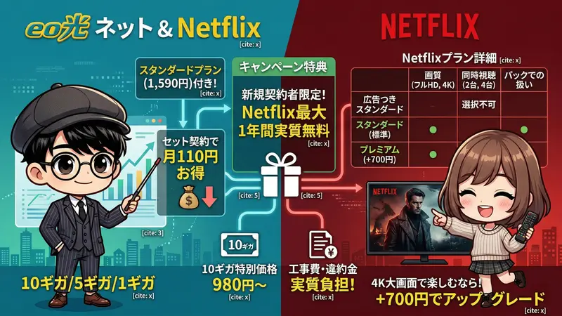 eo光 Netflixパックの料金体系、キャンペーン特典、プラン内容をまとめた図解画像。左側にはポインターで解説する男の子、右側にはテレビとリモコンを手にした女の子のキャラクターが配置されている。画像内では、セット契約による月額110円の割引、最大1年間の実質無料特典、10ギガコースの特別価格、そしてスタンダードからプレミアムプランへのアップグレード詳細などが視覚的に説明されている。