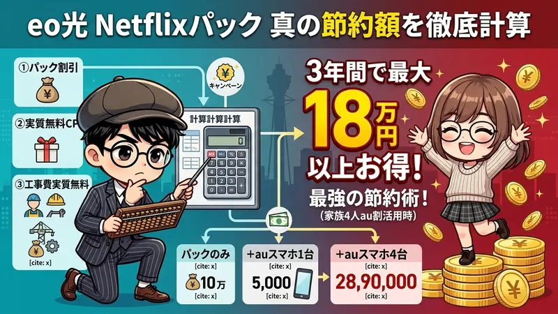 eo光 Netflixパックの節約額に関するインフォグラフィック。上部には「eo光 Netflixパック 真の節約額を徹底計算」というタイトルがある。左側には、平らな帽子、眼鏡、スーツを着用したチビボーイキャラクター（image_12.pngベース）が算盤を持って計算に集中している。彼の隣には、「①パック割引」「②実質無料CP」「③工事費実質無料」という3つの計算項目が示されている。右側には、セーターとプリーツスカートを着用したチビガールキャラクター（image_13.pngベース）が大量の金貨の上に立って、両手を上げて非常に喜び、興奮している。彼女の隣には、黄色と赤の大きな「3年間で最大18万円以上お得！」という数字が表示されており、その下には「最強の節約術！ (家族4人au割活用時)」と書かれている。中央には、左側の計算項目から右側の最終的な節約額へと繋がる簡潔なフローチャートがある。下部には、「パックのみ」、「+auスマホ1台」、「+auスマホ4台」の3つの簡潔な計算結果パネルが並んでおり、最後のパネルは家族全員のau割活用時の結果へ直接つながっている。全体的なスタイルは、eo光の青緑とNetflixの赤のグラデーション背景に、デジタルパターンと関西の都市のシルエットが描かれた清潔なデジタルイラストである。