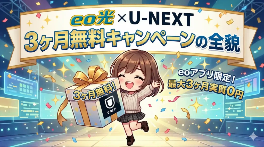 eo光&times;U-NEXT 3ヶ月無料キャンペーンの全貌」のアイキャッチ画像。色とりどりの紙吹雪が舞う中、「3ヶ月無料！」と書かれた大きなプレゼントボックスを抱えて喜ぶちびキャラのイラスト。上部のバナーにはタイトル、右側には「eoアプリ限定！最大3ヶ月実質0円」の文字がある。