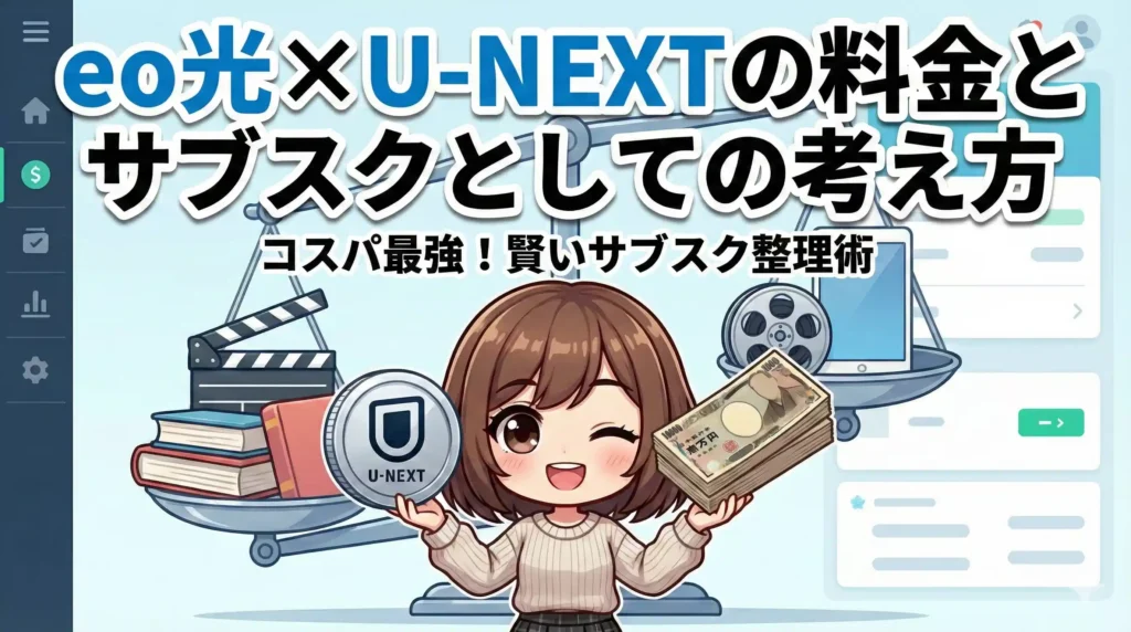 eo光&times;U-NEXTの料金とサブスクとしての考え方」のアイキャッチ画像。中央でウィンクしながらU-NEXTロゴの入ったコインと札束を持つちびキャラのイラスト。背景の天秤は、本、映画フィルム、タブレットが載った皿の方が下がっており、コンテンツ価値の高さを示唆している。上部に「コスパ最強！賢いサブスク整理術」の文字がある。