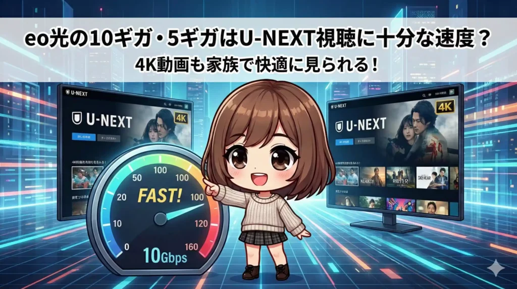 eo光の10ギガ・5ギガはU-NEXT視聴に十分な速度？4K動画も家族で快適に見られる！」のアイキャッチ画像。中央でスピードメーターを指差し、笑顔で解説するちびキャラのイラスト。メーターの針は「FAST! 10Gbps」を指している。背景にはU-NEXTの4K動画が表示された複数のモニターと、デジタルな都市の風景が広がっている。