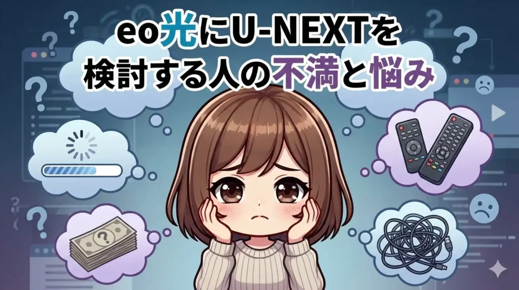 eo光にU-NEXTを検討する人の不満と悩み」のアイキャッチ画像。中央で頭を抱えて悩んでいるちびキャラのイラスト。その周囲の吹き出しには、動画のバッファリング（くるくる回る矢印）、読み込み中のバー、料金への不安を示す疑問符付きの札束、複数のリモコン、絡まったケーブルなど、インターネット利用におけるよくある不満がアイコンで描かれている。背景は暗く、ハテナマークが散りばめられている。