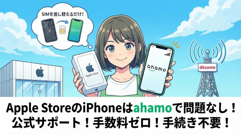 Apple Storeで購入したiPhoneがahamoで問題なく使えることを解説するアニメスタイルのアイキャッチ画像。女性がApple Storeの箱とahamoの画面が表示されたiPhoneを持ち、背景にはApple Storeの店舗とドコモの電波塔が描かれている。吹き出しには「SIMを差し替えるだけ!」という図解があり、下部には「Apple StoreのiPhoneはahamoで問題なし!公式サポート!手数料ゼロ!手続き不要!」という大きなテキストが配置されている。