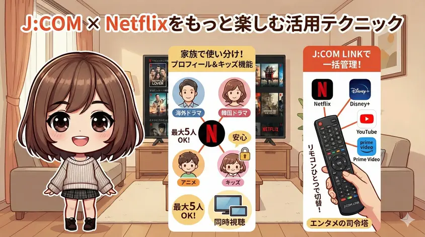 J:COMとNetflixの活用テクニックを解説した図解。左側にキャラクター、中央に家族用プロフィールとキッズ機能の説明、右側にJ:COM LINKのリモコンでNetflixやDisney+などの動画配信サービスを一括管理できる様子が描かれている。