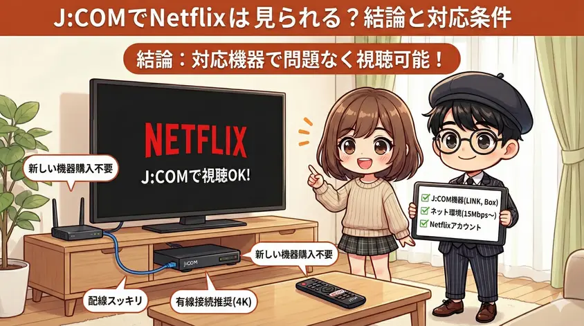 J:COMでNetflixを視聴するための結論と条件を解説したイラスト。対応機器があれば新しい機器は不要で、有線接続が推奨されること、必要な3つの条件(J:COM機器、ネット環境、アカウント)がリストアップされている。