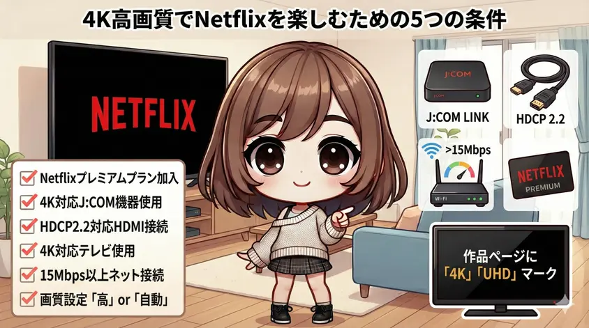 J:COMでNetflixを4K高画質で楽しむための5つの条件を解説したインフォグラフィック。茶髪のアニメ調キャラクターが中央で指差し、左側のチェックリスト(プレミアムプラン加入、4K対応機器、HDCP2.2接続、15Mbps以上など)と、右側のJ:COM LINK、HDMIケーブル、Wi-Fiルーターなどのイラストを示している。右下には作品ページの「4K」「UHD」マークの確認方法も図示されている。