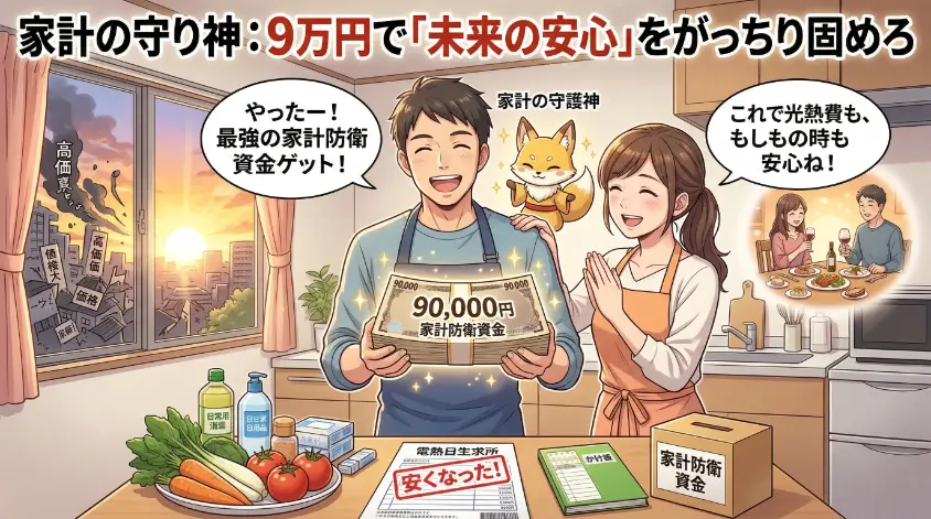 笑顔の夫婦がキッチンで9万円を受け取り喜ぶ、アニメ風のアイキャッチ画像。男性が『最強の家計防衛資金ゲット！』と札束を掲げ、女性が光熱費削減を示す請求書を指し『光熱費も、もしもの時も安心！』と喜んでいます。上部にはタイトル『家計の守り神：9万円で「未来の安心」をがっちり固めろ』とキツネの守護神。窓の外に物価高、右上に未来の家族の笑顔が描かれています。