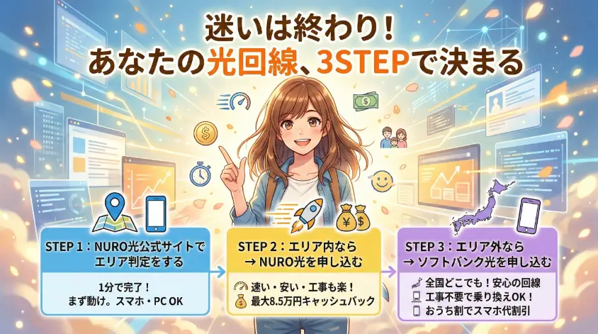 アニメスタイルの横長アイキャッチ画像。自信満々の表情の女性が、3ステップで光回線を選ぶフローチャートを指し示している。トップには「迷いは終わり！ あなたの光回線、3STEPで決まる」 という大きな日本語テキスト。チャートは左から順に、STEP 1：NURO光公式サイトでエリア判定をする（1分で完了） のパネル。STEP 2：エリア内なら &rarr; NURO光を申し込む（速い・安い・工事も楽！、最大8.5万円キャッシュバック） のパネル。STEP 3：エリア外なら &rarr; ソフトバンク光を申し込む（全国どこでも！ 安心の回線、工事不要で乗り換えOK！、おうち割でスマホ代割引） のパネルで構成されている。周囲にはネットワーク線、データストリーム、光の粒子が飛び交い、スピード、節約、家族の幸せを示唆する様々なフローティングアイコンが描かれている。