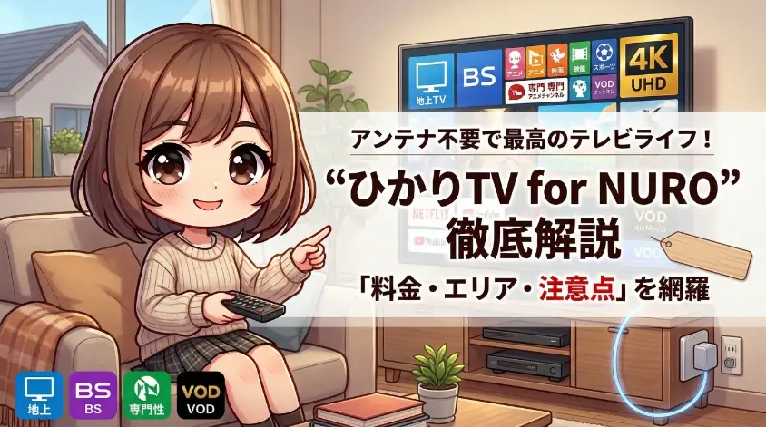 「ひかりTV for NURO」の徹底解説記事のアイキャッチ画像。リビングのソファでくつろぐキャラクターが、地デジやBSが映るテレビを指差しているイラスト。