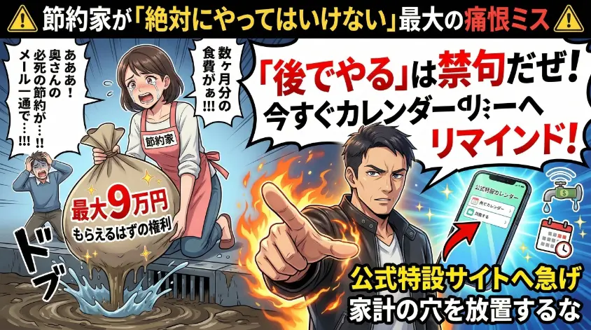 節約家が絶対にやってはいけないミスを警告するアニメ風アイキャッチ画像。キャッシュバック9万円の袋をドブに落として泣き崩れる女性と、手から炎を出しながら「『後でやる』は禁句だぜ！」とスマホのカレンダー登録を促す熱い男性の姿。家計の穴を放置しないよう呼びかけるインパクトのあるデザイン。