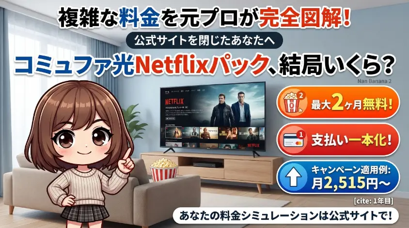 「コミュファ光Netflixパックの料金を解説するアイキャッチ画像。リビングでテレビを背景に、可愛いキャラクターが指を差し、『結局いくら？』という文字とともに、最大2ヶ月無料や月額2,515円〜といった特典情報を紹介している様子。」