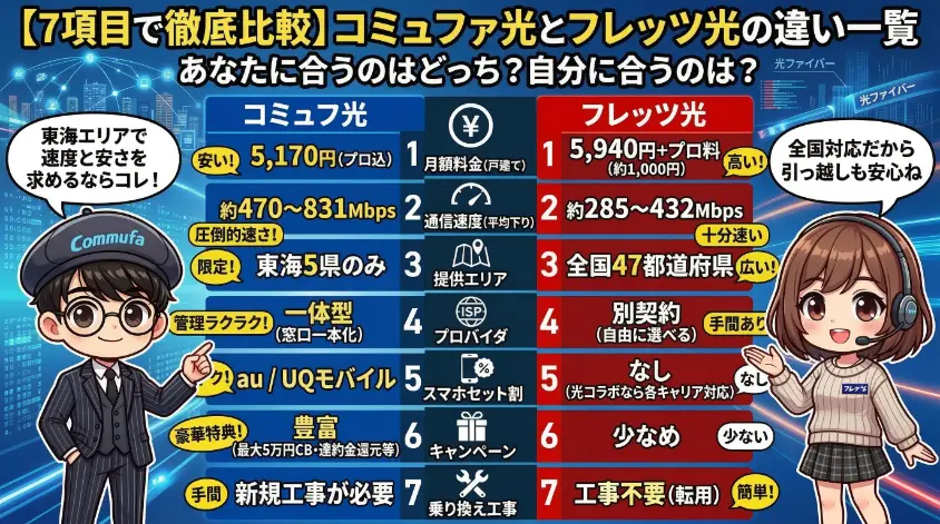 コミュファ光とフレッツ光を、月額料金・通信速度・提供エリアなど7つの項目で徹底比較した一覧表のインフォグラフィック。左側の青いセクションでは男性キャラのよっしがコミュファ光の安さと速さをアピールし、右側の赤いセクションでは女性キャラののこのこがフレッツ光の全国対応の安心感を説明している。スマホでも読みやすい大きな文字とアイコンを使用した比較デザイン。