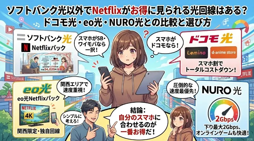 画像内のすべての重要な情報（タイトル、各回線の特徴、結論）を網羅し、視覚障害者や画像が表示されない場合にも内容が伝わるように記述します。

ソフトバンク光、ドコモ光、eo光、NURO光の4社を、Netflixとのセットやお徳さで比較するアニメ風インフォグラフィック画像。タイトルは「ソフトバンク光以外でNetflixがお得に見られる光回線はある？ ドコモ光・eo光・NURO光との比較と選び方」。各回線の推奨対象として、ソフトバンク光（SB・ワイモバ）、ドコモ光（ドコモ・スマホ割）、eo光Netflixパック（関西限定・速度重視・4K）、NURO光（圧倒的な速度最優先・2Gbpsメーター）を紹介。中央下の結論には、アニメキャラクターが「結論：自分のスマホに合わせるのが一番お得だ！」と述べている。右下に「2026」。