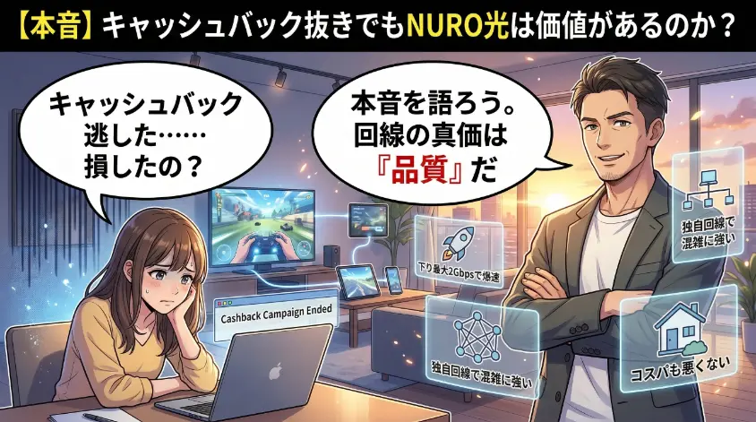 「キャッシュバック抜きでもNURO光に価値はあるか？」という問いに対し、キャッシュバックを逃して落ち込む女性と、回線の本質である「品質」について自信を持って解説する男性を描いたアニメ風アイキャッチ画像。独自回線や2Gbpsのメリットを示すアイコンが添えられています。