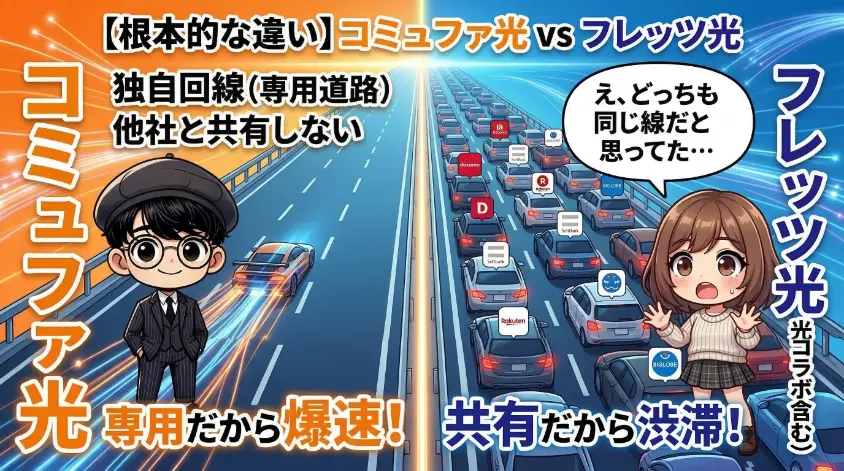 のこのことよっしーが解説する、コミュファ光とフレッツ光の回線の違い。渋滞する共有道路（NTT回線）と空いている専用道路（独自回線）を背景に、「回線がそもそも違う！」と大きく書かれたアニメスタイルのアイキャッチ画像。