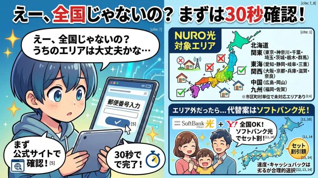 「日本のアニメスタイルの横長アイキャッチ画像。上部に『えー、全国じゃないの？ まずは30秒確認！』というタイトル。左側にはタブレットを持ち驚く男の子と、彼の『えー、全国じゃないの？ うちのエリアは大丈夫かな&hellip;』という吹き出し、タブレット画面の『郵便番号入力』、下部の『まず公式サイトで確認！』、『30秒で完了！』のテキストとアイコンが描かれている。右側上部には『NURO光 対象エリア』のヘッダーと、色分けされた日本地図、地域名のリスト、エリア内/外を示す家やアンテナのアイコン、下部の『*市区町村単位で未対応エリアあり』の注意書きがある。右側下部には『エリア外だったら... 代替案はソフトバンク光！』というヘッダーと、幸せそうな家族、SoftBank HikariとY!mobileのロゴ、日本地図、吹き出し『全国OK！ソフトバンク光でセット割！』、キャプション『速度・キャッシュバックは劣るが合理的選択』、セット割額アイコンが配置されている。」