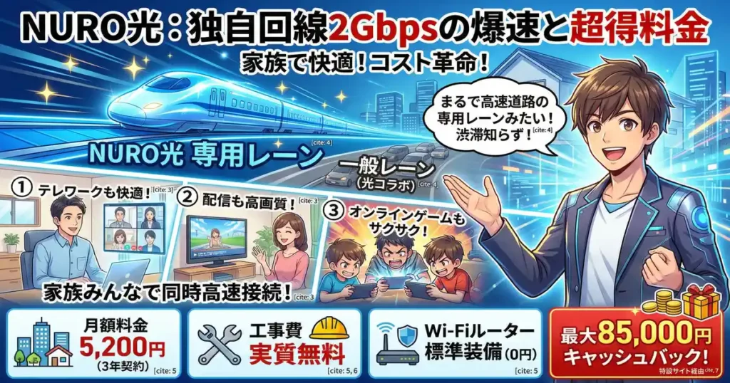 日本のアニメスタイルで描かれた、NURO光の魅力を伝えるアイキャッチ画像。「独自回線2Gbpsの爆速と超得料金」のタイトルと、渋滞知らずの「専用レーン（高速道路）」を走る乗り物のイラスト。テレワーク、配信、ゲームを家族みんなで同時に楽しめる様子と、月額5,200円、工事費実質無料、最大85,000円キャッシュバックなどの特典を、自信満々の男性キャラクターが紹介しています。