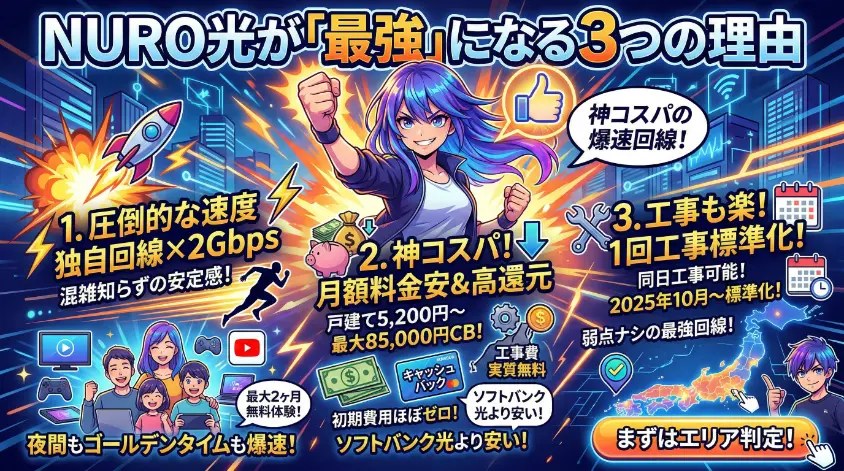 「NURO光が「最強」になる3つの理由」を解説するアニメ風インフォグラフィック。1. 独自回線&times;2Gbpsの圧倒的な速度（夜間ゴールデンタイムも爆速）、2. 神コスパ！月額料金安＆高還元（キャッシュバック、工事費実質無料、初期費用ほぼゼロ）、3. 工事も楽！1回工事標準化（同日工事可能、2025年10月〜標準化）を紹介。楽しそうな家族、ロケット、お金、工具のイラストや、エリア判定を促すボタンが描かれている。