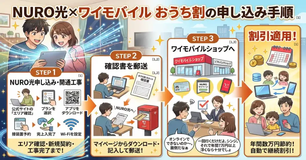 「NURO光とワイモバイルのセット割『おうち割』の申し込み手順を解説する、日本のアニメスタイルの横長アイキャッチ画像。上部に太字で『NURO光&times;ワイモバイル おうち割の申し込み手順』とタイトルがあり、左側には笑顔のカップル（シンジとパートナー）がタブレットを見ている。中央には、以下の3つの大きなステップのフローチャートがカード形式で並んでいる。

STEP 1（NURO光申し込み・開通工事）: ノートPCでの公式サイトでの『エリア確認』、プラン選択、アプリダウンロード、工事完了、Wi-Fi設定のイラストと、テキスト『エリア確認・新規契約・工事完了まで！』が描かれている。光ファイバーのような光の線が走っている。

STEP 2（確認書を郵送）: ノートPCのMy Pageから書類をダウンロード、記入し、封筒（『NURO光へ』と記載）を日本の赤い郵便ポストへ投函するイラストと、テキスト『マイページからダウンロード・記入して郵送！』が描かれている。書類には『おうち割 光セット 確認書』と書かれている。

STEP 3（ワイモバイルショップへ）: 『ワイモバイルショップ』と『ソフトバンクショップ』の看板がある建物、カウンターで笑顔の店員とやり取りするカップル、本人確認書類やスマホのアイコン、そして吹き出しの会話『オンラインでできないのか〜。面倒だなぁ』（シンジ）、『一回行くだけだよ、シンジ。それで年間7万円以上浮くなら十分でしょ』（パートナー）が描かれている。カウンターの上に大きなチェックマーク。
右側には、大きな矢印が伸びた『割引適用！』のセリフと共に、カレンダーとお金（コイン）、楽しそうな家族（母、父、子供たち）、データが流れるイラストと、テキスト『年間数万円節約！自動で継続割引！』が描かれている。全体的に明るく、光や星のグラフィックが散りばめられた希望に満ちた雰囲気で、homeとcityscapeの背景が描かれている。」