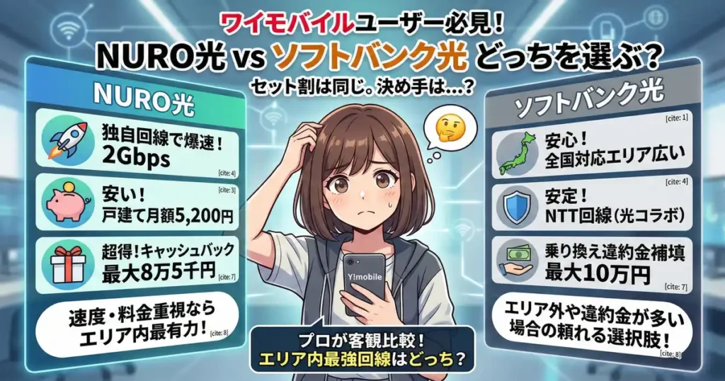 「ワイモバイルユーザー必見！ NURO光 vs ソフトバンク光 どっちを選ぶ？」というタイトルで、中央にスマホを持ち戸惑う女性キャラクターが描かれた、アニメスタイルのアイキャッチ画像。左側にNURO光の特徴（独自回線で爆速！ 2Gbps、安い！ 戸建て月額5,200円など）、右側にソフトバンク光の特徴（安心！ 全国対応エリア広い、安定！ NTT回線など）が並んで比較されている。下部には「プロが客観比較！ エリア内最強回線はどっち？」というテキストがある。