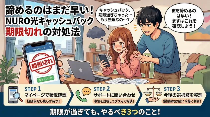 アニメスタイルのアイキャッチ画像。部屋でスマートフォンを見ながら「期限切れ」の表示に泣いている女性と、その肩に手を置いて「諦めるのはまだ早い！」と励ます男性が描かれている。メインタイトルは「諦めるのはまだ早い！NURO光キャッシュバック期限切れの対処法」。画像下部には3つのステップとして、STEP1：マイページで状況確認、STEP2：サポートに問い合わせ、STEP3：今後の選択肢を整理、という具体的な対処法がアイコン付きで分かりやすくまとめられている。