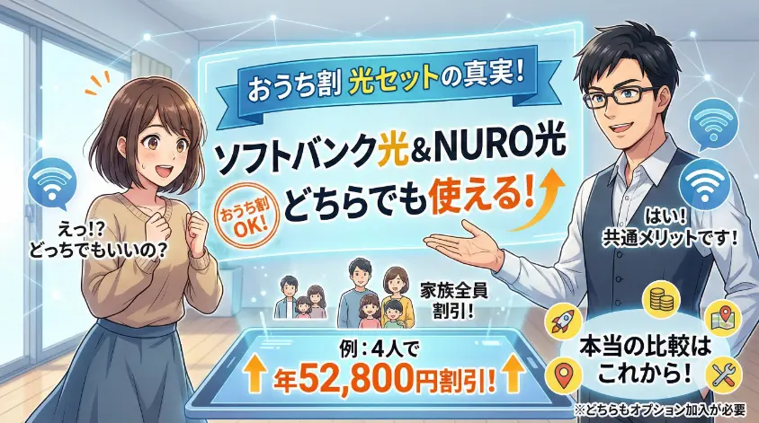 ソフトバンク光とNURO光の両方で「おうち割 光セット」が適用可能であることを解説するアニメ調の画像。家族4人で年間52,800円割引になる例 や、セット割が共通メリットであることを伝え、本当の比較は速度や工事で行うべきであることを示唆しています。