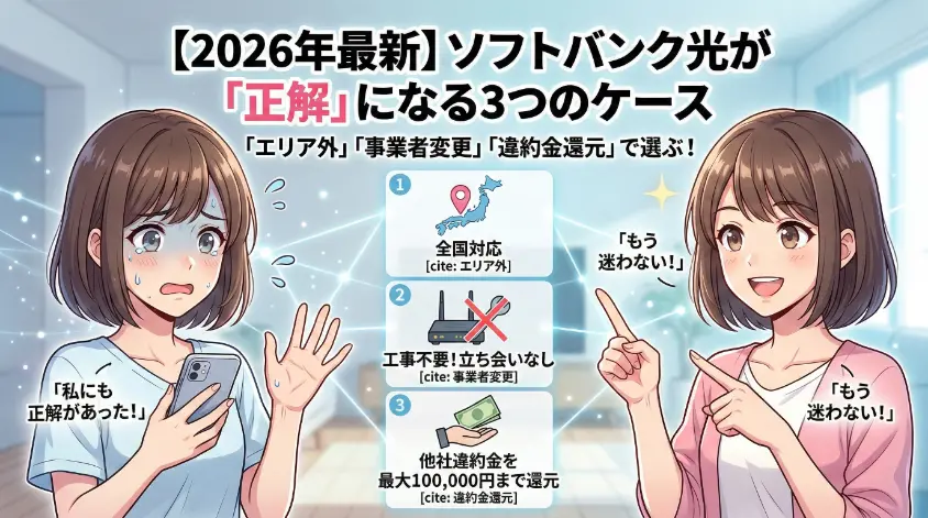 アニメスタイルのアイキャッチ画像。タイトルは「【2026年最新】ソフトバンク光が「正解」になる3つのケース」。3つの理由として「エリア外（全国対応）」、「事業者変更（工事不要！立ち会いなし）」、「違約金還元（最大100,000円まで還元）」が紹介されています。左には「私にも正解があった！」と驚く女性、右には「もう迷わない！」と自信満々の女性がいます。