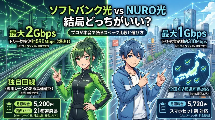 "ソフトバンク光とNURO光を比較するアニメ風のアイキャッチ画像。画面中央で緑髪の女性キャラクターと青髪の男性キャラクターが、それぞれの回線タイプ（専用高速道路/一般道）とスペック（最大速度、月額料金、エリア、おうち割など）を日本語テキストと図解で説明している。上部には「ソフトバンク光 vs NURO光 結局どっちがいい？」と「プロが本音で語るスペック比較と選び方」という日本語テキストがあり、背景は都市と光るネットワーク線で構成されている。全体的に鮮やかな色彩のアニメーションスタイルで描かれている。"